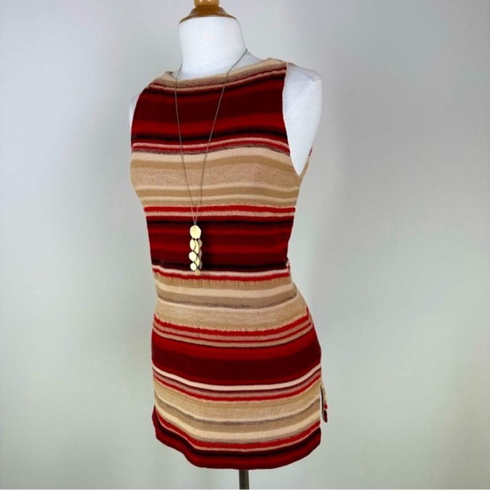 LAUREN By Ralph Lauren Size PM Linen Blend Striped Tan Red Sleeveless Top